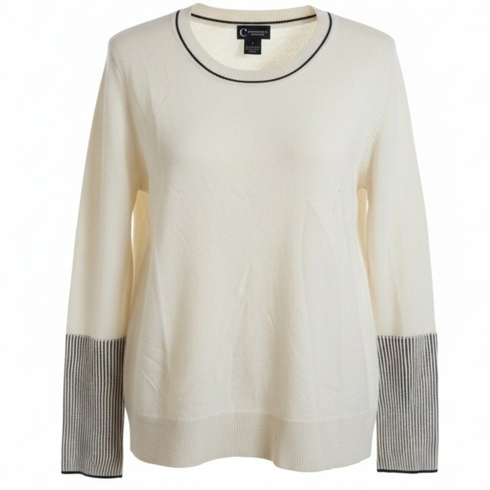 C By Bloomingdales L Cashmere Sweater Cream Black Stripe Detail Crew Neck 2 Ply